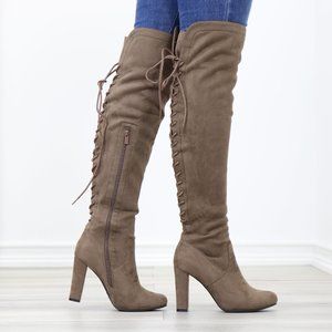 Taupe Suede Thigh High Over The Knee Block High Heel Boots With Lace Up Back